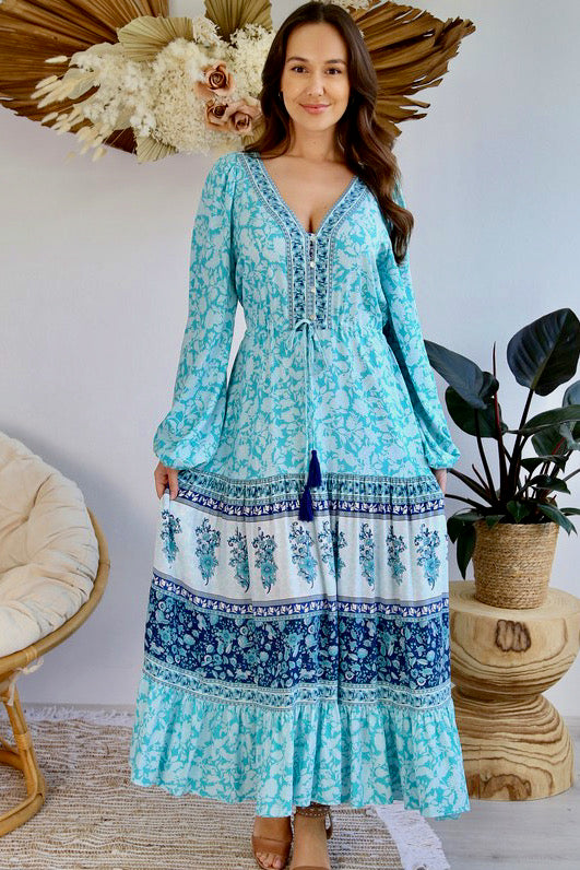 aqua maxi dress with sleeves Aqua Smocked Waist Maxi Dress