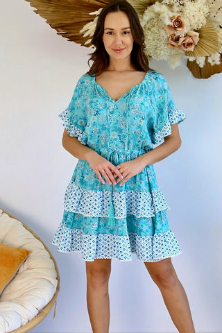 Ryllie Mini Dress - Sky Blue/Brown Dresses Sage Collective   
