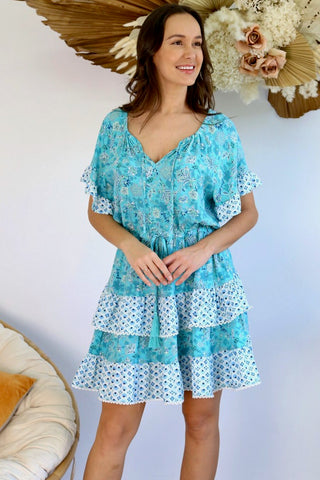 Ryllie Mini Dress - Sky Blue/Brown Dresses Sage Collective   