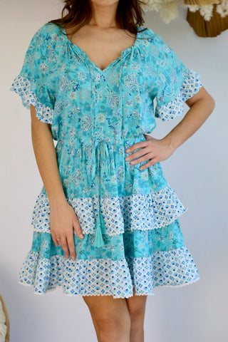 Ryllie Mini Dress - Sky Blue/Brown Dresses Sage Collective   