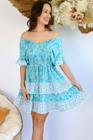 Ryllie Mini Dress - Sky Blue/Brown Dresses Sage Collective   
