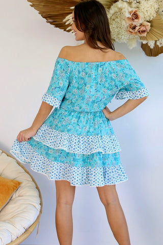 Ryllie Mini Dress - Sky Blue/Brown Dresses Sage Collective   