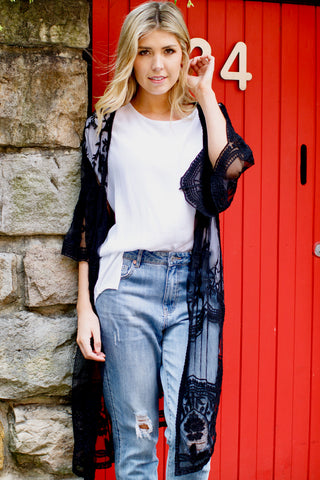 Fleetwood Lace Cape Kimono- Black Flowers Outerwear Sage Collective   