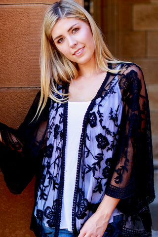 Fleetwood Lace Cape Kimono- Black Flowers Outerwear Sage Collective   